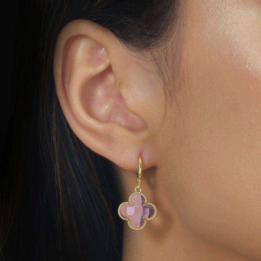 Brinco Dourado de Trevo com Zircônia Rosa - Galeria