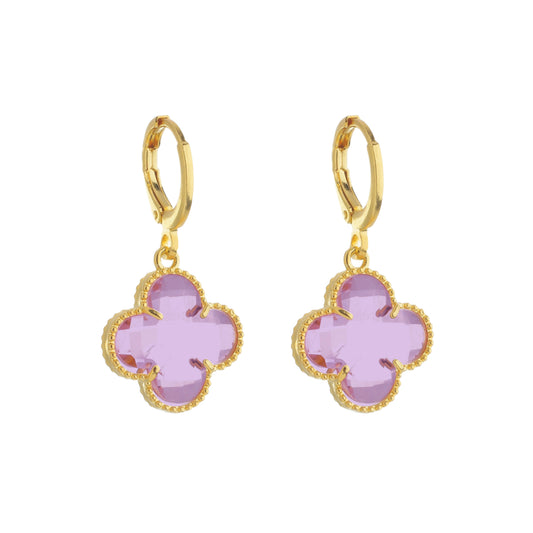 Brinco Dourado de Trevo com Zircônia Rosa