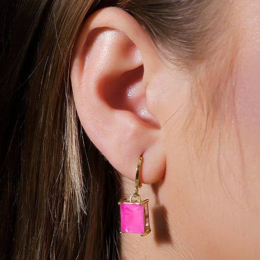 Brinco Dourado Argolinha Pedra Retangular Rosa - Galeria